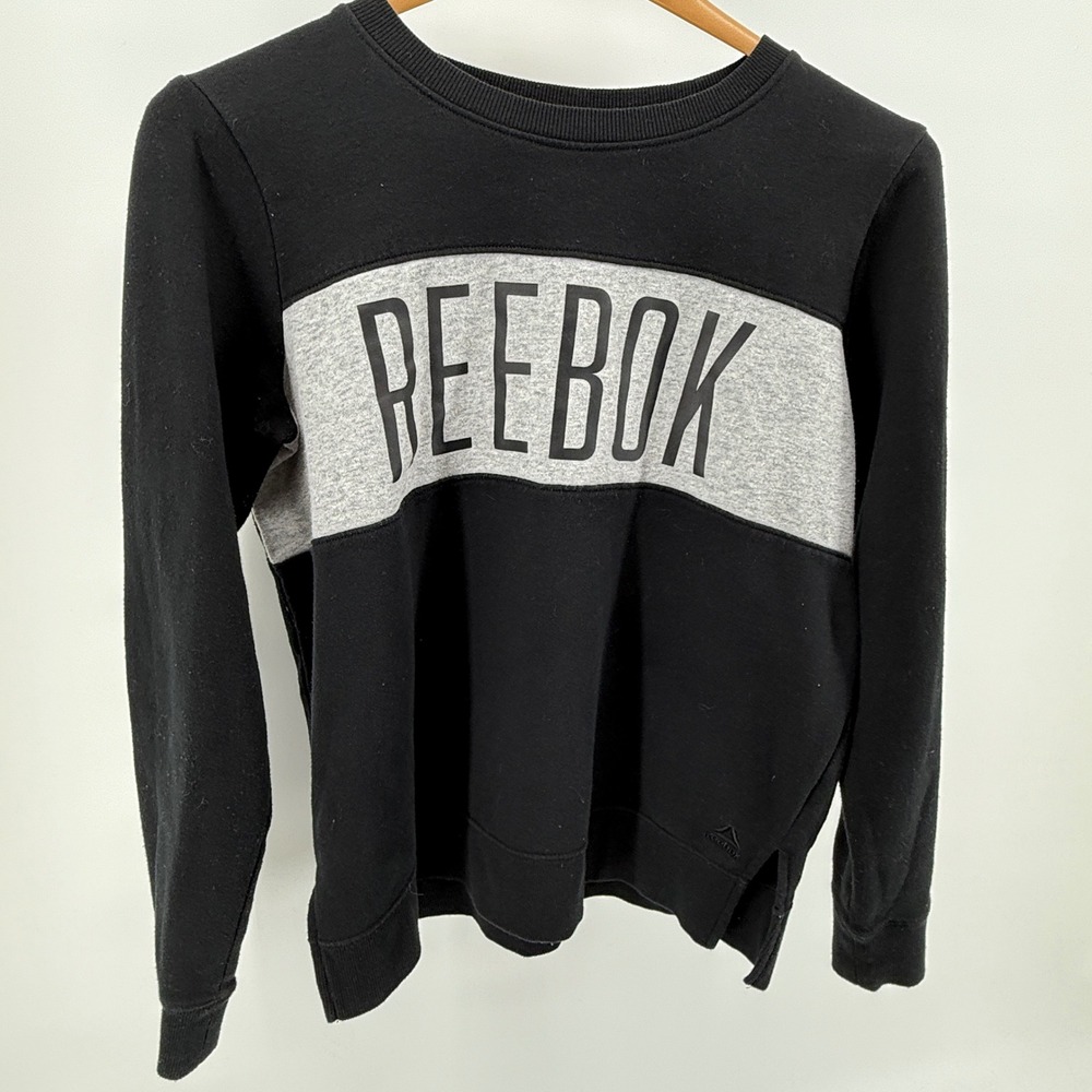 Reebok Crewneck Sweatshirt Gray Stripe Black Pullover Long Sleeve